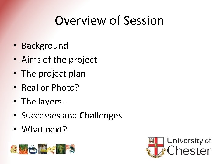 Overview of Session • • Background Aims of the project The project plan Real
