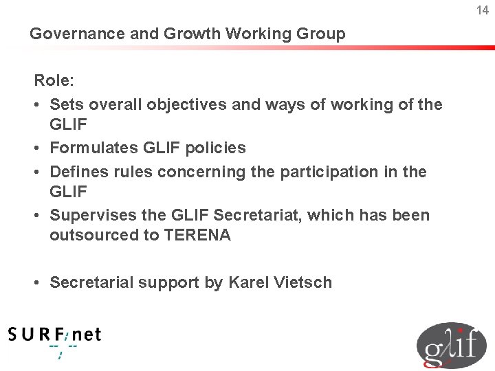 14 Governance and Growth Working Group Role: • Sets overall objectives and ways of