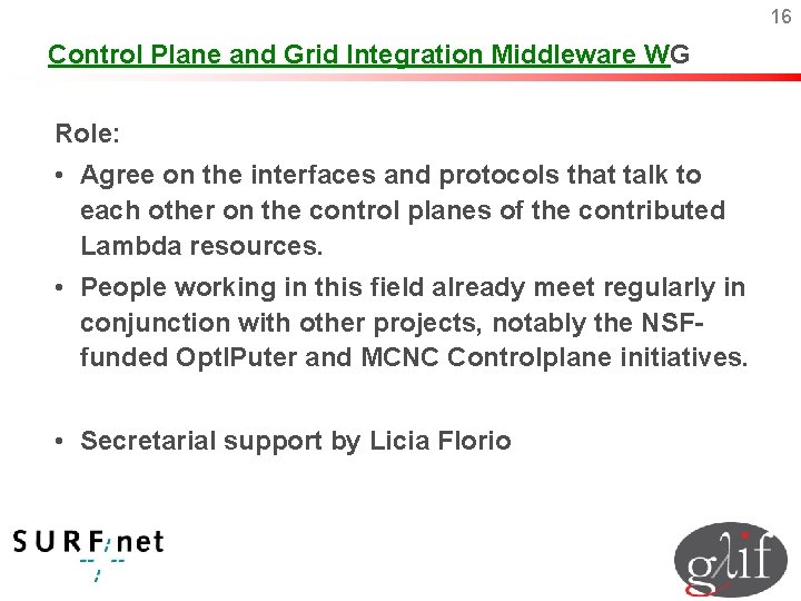 16 Control Plane and Grid Integration Middleware WG Role: • Agree on the interfaces