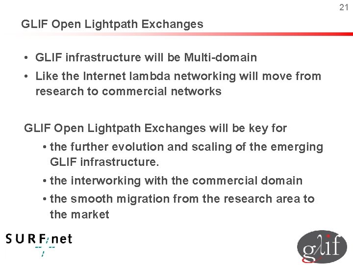 21 GLIF Open Lightpath Exchanges • GLIF infrastructure will be Multi-domain • Like the