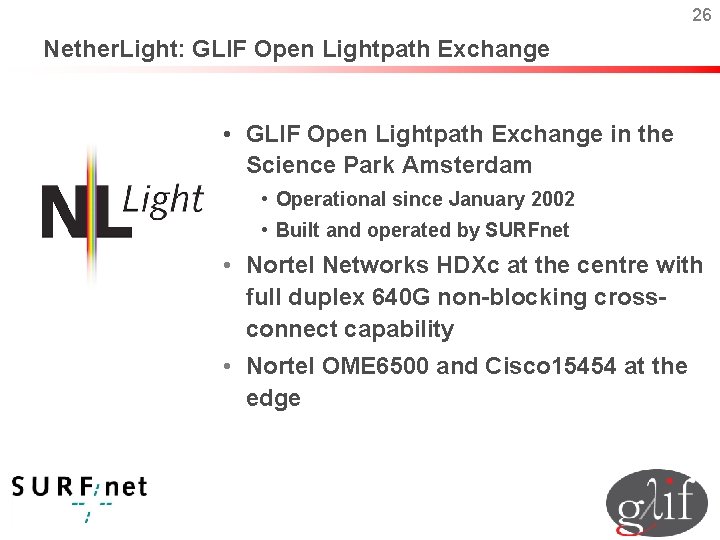 26 Nether. Light: GLIF Open Lightpath Exchange • GLIF Open Lightpath Exchange in the