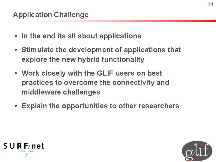 31 Application Challenge • In the end its all about applications • Stimulate the