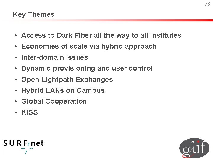 32 Key Themes • Access to Dark Fiber all the way to all institutes