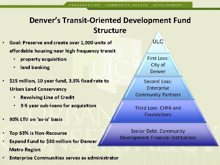 Denver’s Transit-Oriented Development Fund Structure • Goal: Preserve and create over 1, 000 units