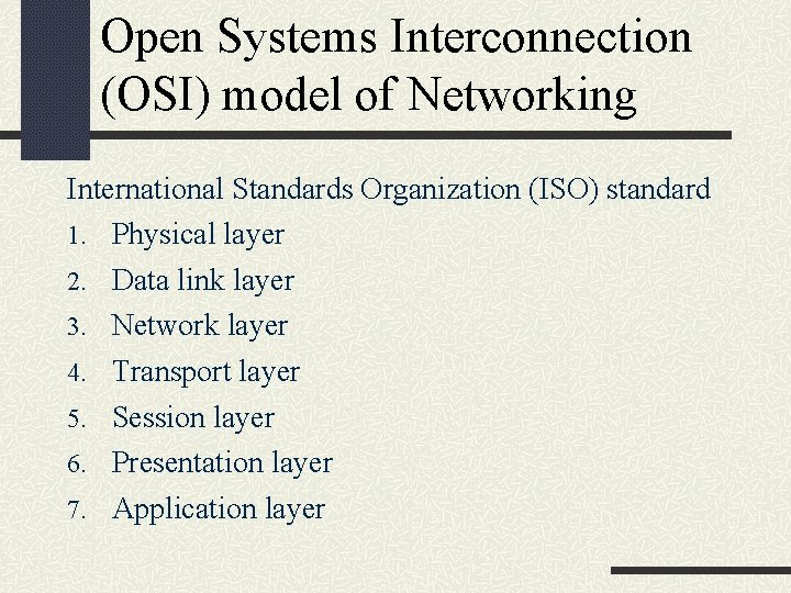 Open Systems Interconnection (OSI) model of Networking International Standards Organization (ISO) standard 1. Physical