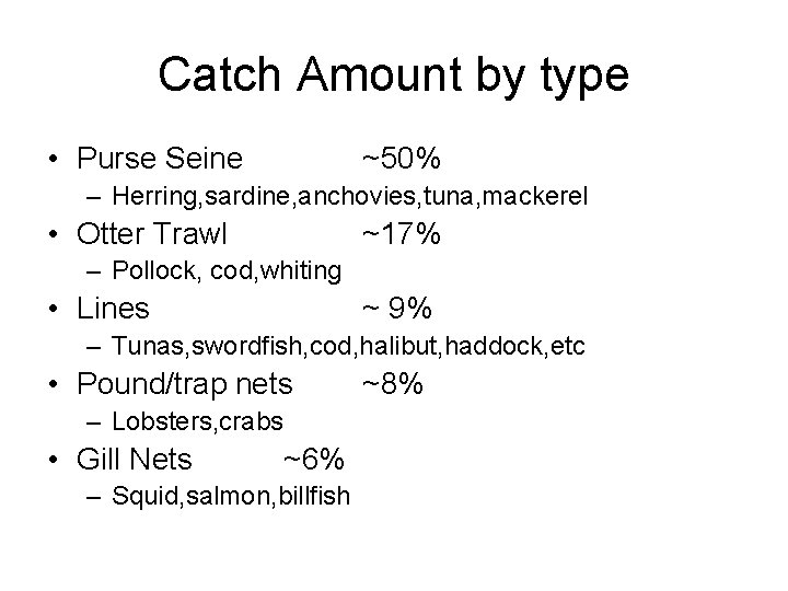 Catch Amount by type • Purse Seine ~50% – Herring, sardine, anchovies, tuna, mackerel