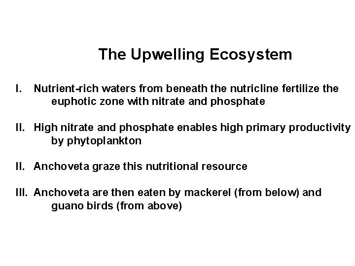 The Upwelling Ecosystem I. Nutrient-rich waters from beneath the nutricline fertilize the euphotic zone