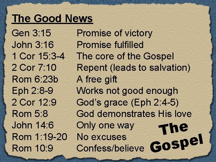 The Good News Gen 3: 15 John 3: 16 1 Cor 15: 3 -4