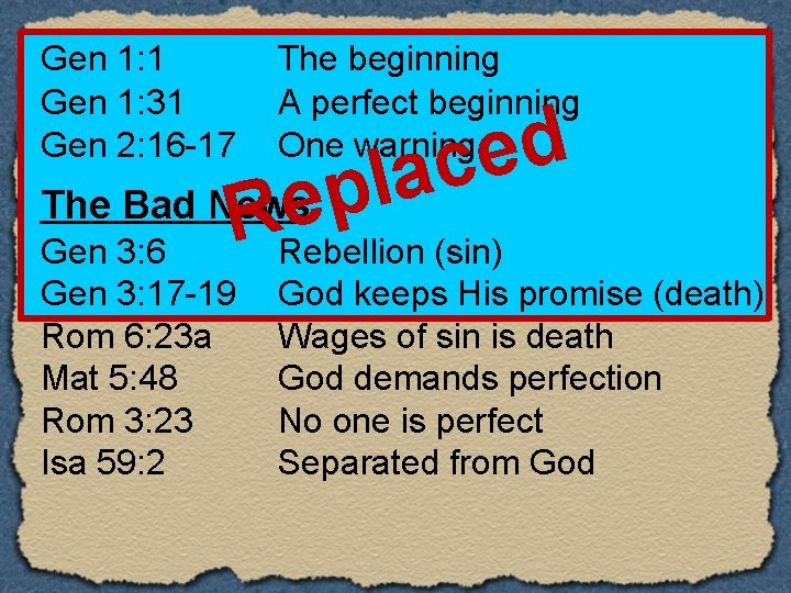 Gen 1: 1 Gen 1: 31 Gen 2: 16 -17 The beginning A perfect