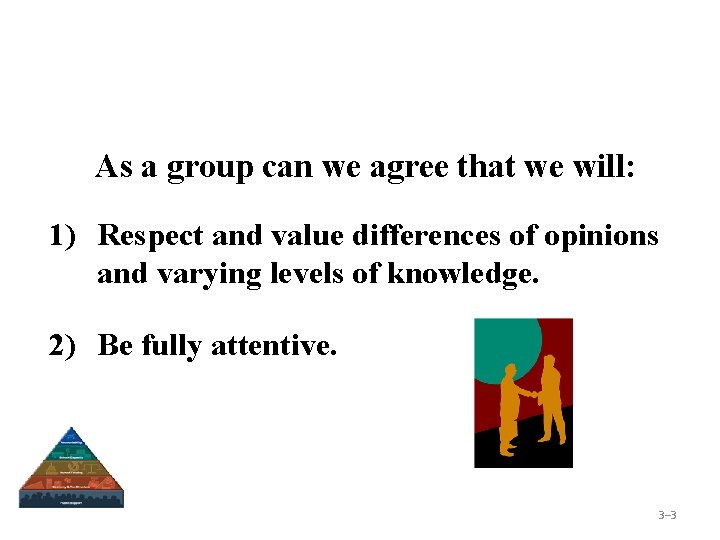 As a group can we agree that we will: 1) Respect and value differences