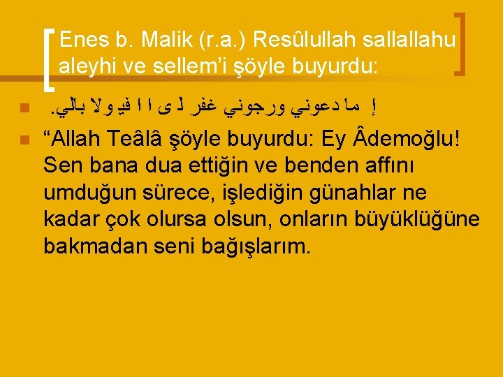 Enes b. Malik (r. a. ) Resûlullah sallallahu aleyhi ve sellem’i şöyle buyurdu: n