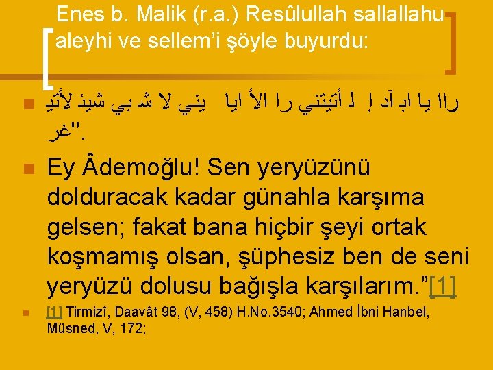 Enes b. Malik (r. a. ) Resûlullah sallallahu aleyhi ve sellem’i şöyle buyurdu: n