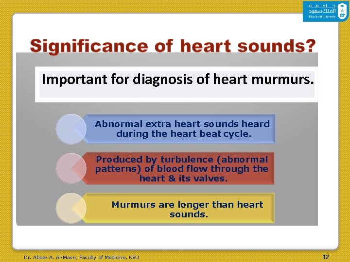 Important for diagnosis of heart murmurs. Abnormal extra heart sounds heard during the heart Important for diagnosis of heart murmurs. Abnormal extra heart sounds heard during the heart