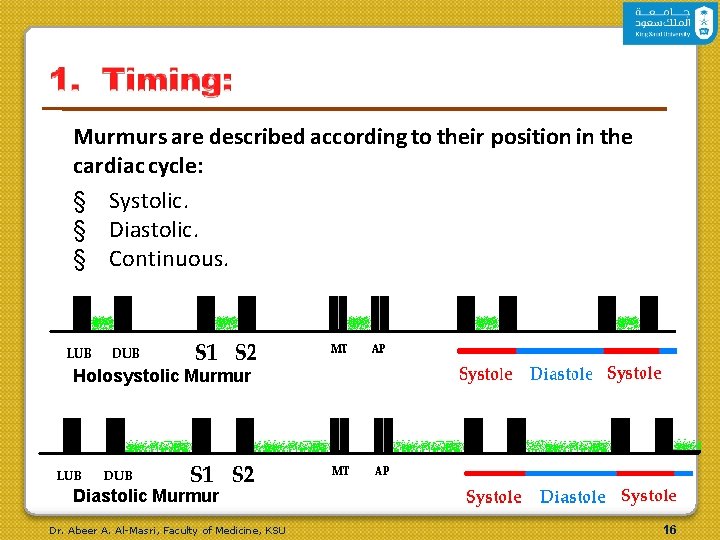 Murmurs are described according to their position in the cardiac cycle: § Systolic. §