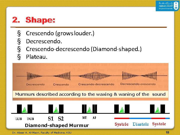 § § Crescendo (grows louder. ) Decrescendo. Crescendo-decrescendo (Diamond-shaped. ) Plateau. Murmurs described according § § Crescendo (grows louder. ) Decrescendo. Crescendo-decrescendo (Diamond-shaped. ) Plateau. Murmurs described according
