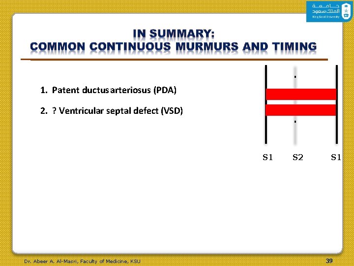 1. Patent ductus arteriosus (PDA) 2. ? Ventricular septal defect (VSD) S 1 Dr.