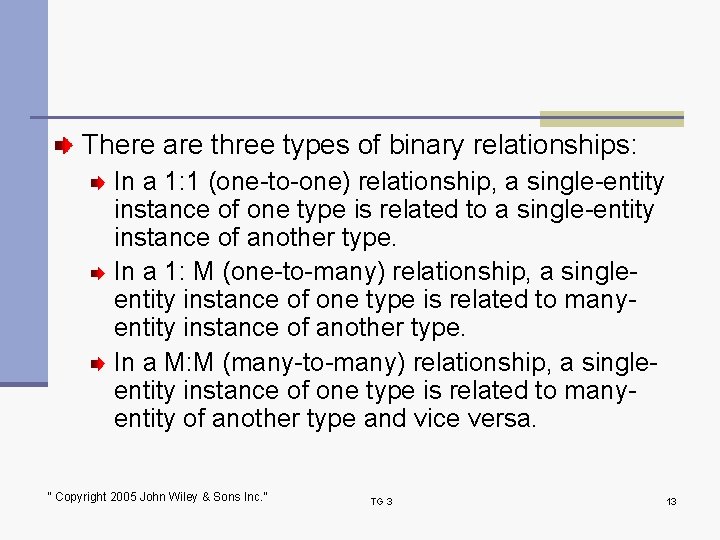 There are three types of binary relationships: In a 1: 1 (one-to-one) relationship, a