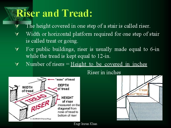 Riser and Tread: Ú Ú The height covered in one step of a stair