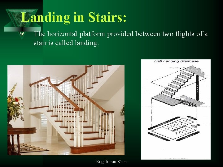 Landing in Stairs: Ú The horizontal platform provided between two flights of a stair