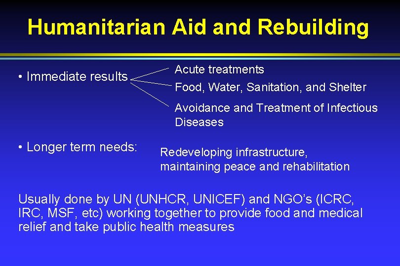 Humanitarian Aid and Rebuilding • Immediate results Acute treatments Food, Water, Sanitation, and Shelter