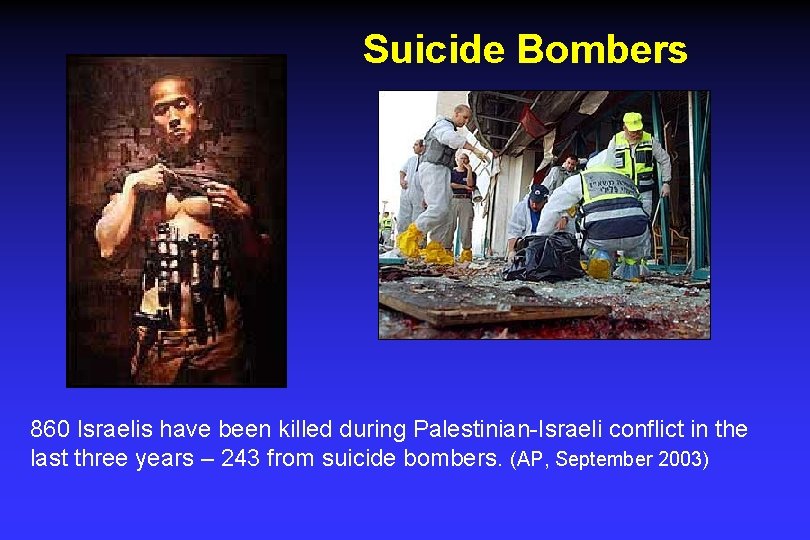 Suicide Bombers 860 Israelis have been killed during Palestinian-Israeli conflict in the last three
