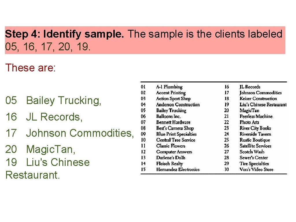 Step 4: Identify sample. The sample is the clients labeled 05, 16, 17, 20,