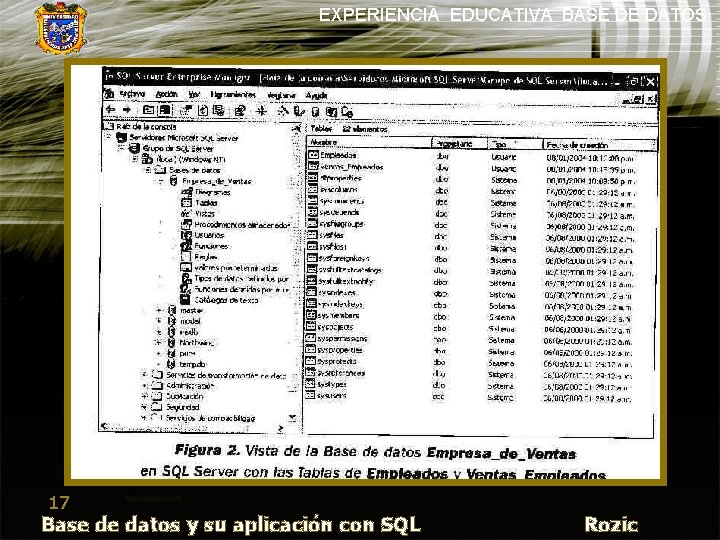 EXPERIENCIA EDUCATIVA BASE DE DATOS 17 Base de datos y su aplicación con SQL