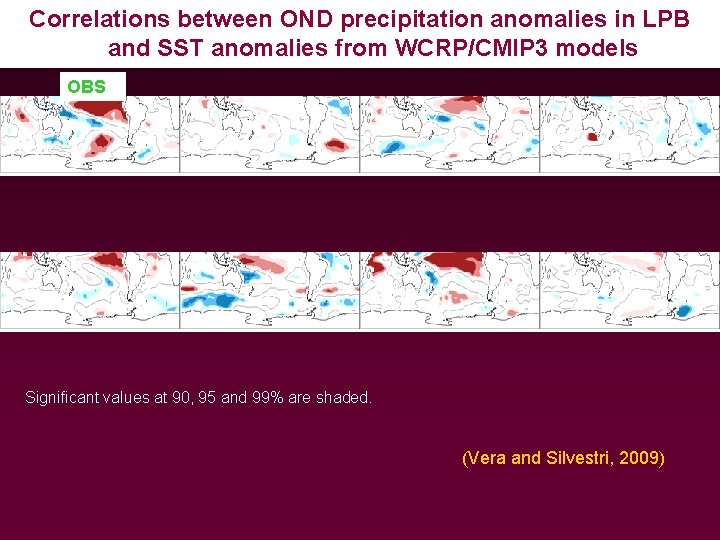 Correlations between OND precipitation anomalies in LPB and SST anomalies from WCRP/CMIP 3 models