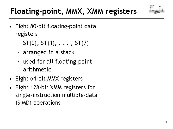Floating-point, MMX, XMM registers • Eight 80 -bit floating-point data registers – ST(0), ST(1),