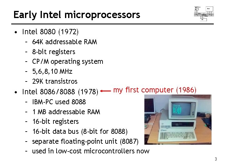 Early Intel microprocessors • Intel 8080 (1972) – – – 64 K addressable RAM