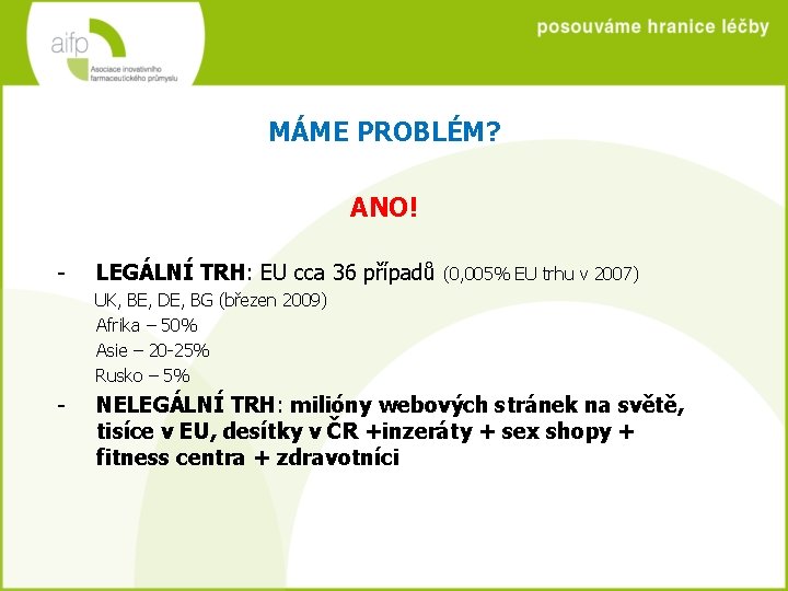 MÁME PROBLÉM? ANO! - LEGÁLNÍ TRH: EU cca 36 případů (0, 005% EU trhu