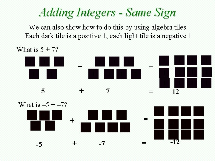 Adding Integers - Same Sign We can also show to do this by using