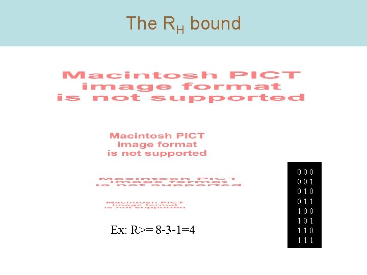 The RH bound Ex: R>= 8 -3 -1=4 000 001 010 011 100 101