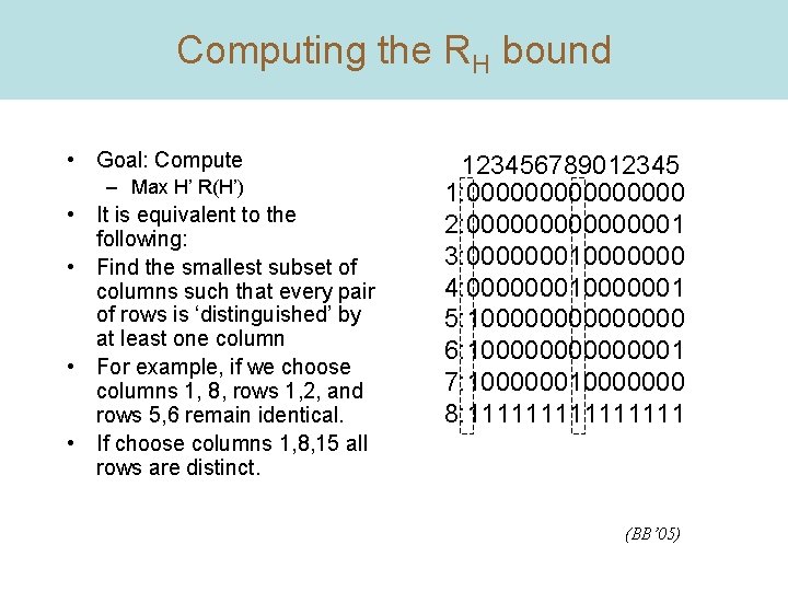 Computing the RH bound • Goal: Compute – Max H’ R(H’) • It is