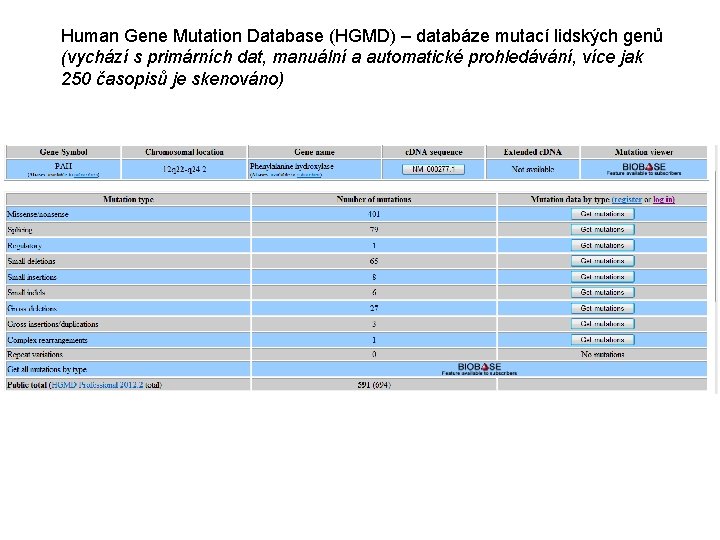 Human Gene Mutation Database (HGMD) – databáze mutací lidských genů (vychází s primárních dat,