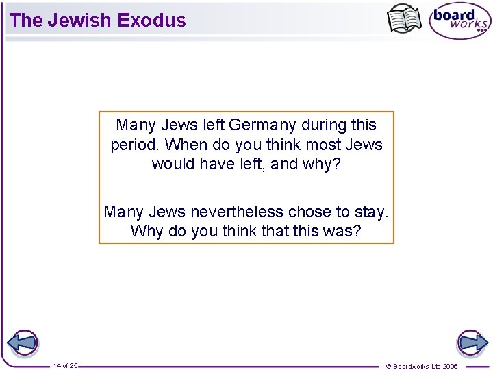 The Jewish Exodus Many Jews left Germany during this period. When do you think