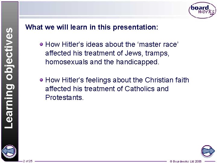 Learning objectives What we will learn in this presentation: How Hitler’s ideas about the