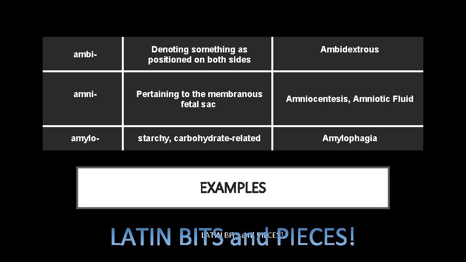 ambi- Denoting something as positioned on both sides Ambidextrous amni- Pertaining to the membranous