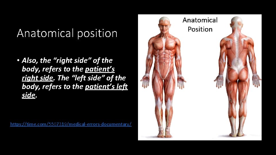 Anatomical position • Also, the “right side” of the body, refers to the patient’s