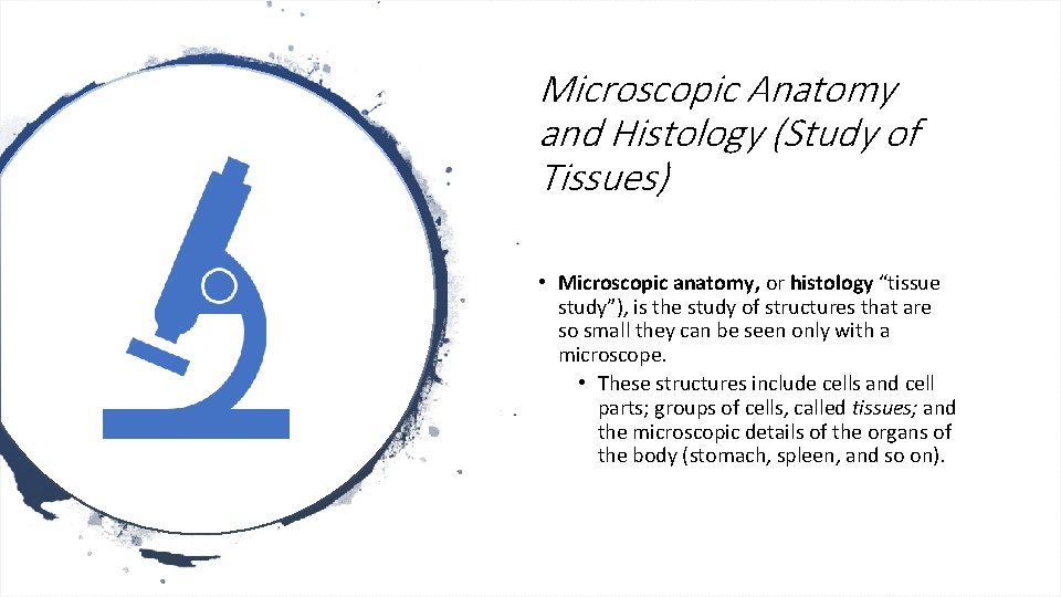 Microscopic Anatomy and Histology (Study of Tissues) • Microscopic anatomy, or histology “tissue study”),