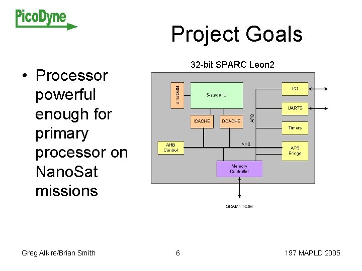 Project Goals 32 -bit SPARC Leon 2 • Processor powerful enough for primary processor