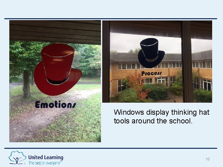 Windows display thinking hat tools around the school. 10 
