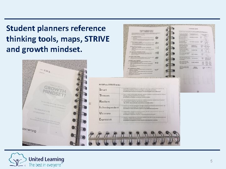 Student planners reference thinking tools, maps, STRIVE and growth mindset. 5 