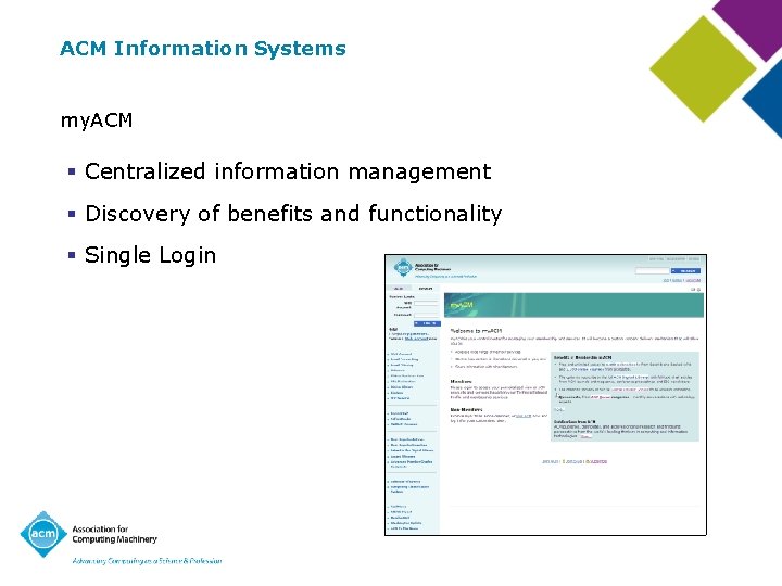 ACM Information Systems my. ACM § Centralized information management § Discovery of benefits and