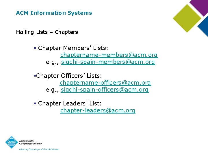 ACM Information Systems Mailing Lists – Chapters § Chapter Members’ Lists: chaptername-members@acm. org e.
