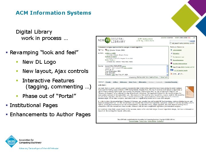 ACM Information Systems Digital Library work in process … § Revamping “look and feel”