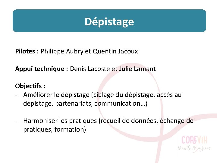 Dépistage Pilotes : Philippe Aubry et Quentin Jacoux Appui technique : Denis Lacoste et