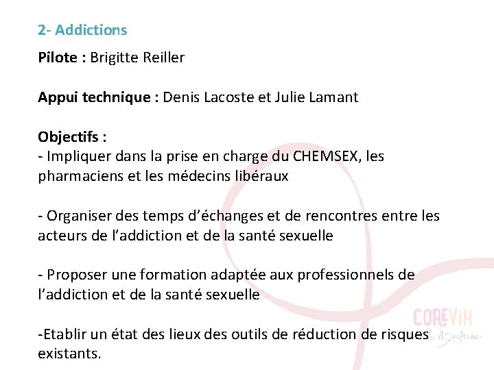 2 - Addictions Pilote : Brigitte Reiller Appui technique : Denis Lacoste et Julie