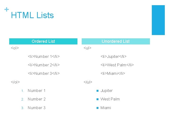 + HTML Lists Ordered List <ol> Unordered List <ul> <li>Number 1</li> <li>Jupiter</li> <li>Number 2</li>