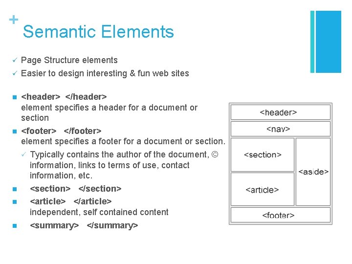 + ü ü n n n Semantic Elements Page Structure elements Easier to design + ü ü n n n Semantic Elements Page Structure elements Easier to design